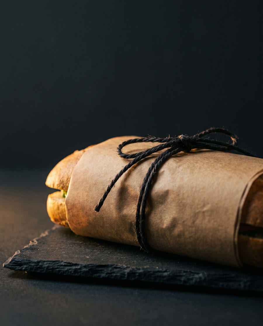 A sandwich wrapped in kraft brown paper tied with butcher's twine, stamped with the Wrapped. Chester roundel